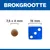 Brokformaat: brok van 7,5 x 4 mm naast een blauwe dobbelsteen van 16 mm ter vergelijking. Tekst 'BROKGROOTTE' bovenaan zichtbaar.