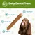 Daily dental treat made with all-natural ingredients. Features: grain-free recipe, hypoallergenic, raw-hide free, vegetarian. Image shows treat stick and a dog.