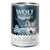 Wolf of Wilderness The Taste of Scandinavia, 100 % grain-free recipe, 400 g. Illustrations de poisson, volaille et gibier visibles sur l’emballage.