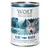 Boîte Wolf of Wilderness Blue River 400 g, 100 % grain-free, fish with wild berries, roots and wild herbs. Texte en anglais et allemand visible sur l’emballage.