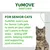 YuMOVE Joint Care for Senior Cats aids stiff joints, helps mobility and supports joint structure in older cats. Text highlights three benefits with an image of a cat.