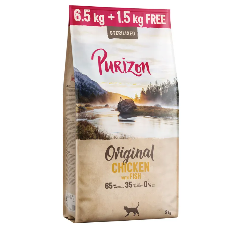 Purizon 8 kg pienso para gatos en oferta: 6,5 + 1,5 kg ¡gratis! - Sterilised Pollo y Pescado, sin cereales