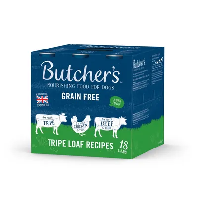 Butcher's grain free tripe loaf recipes, 18 cans. Includes 6 with tripe, 6 with chicken and tripe, 6 with beef and tripe. Supporting farmers. Super food.