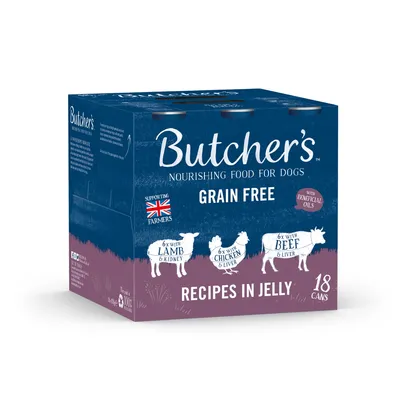 Box showing grain free recipes in jelly, 18 cans: 6 with lamb and kidney, 6 with chicken and liver, 6 with beef and liver. Supporting farmers. With beneficial oils.