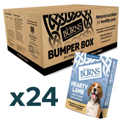 Burns Bumper Box with 24 x 395g trays. Variety: Hearty Lamb with carrots and brown rice, suitable for adult and senior dogs. Developed by veterinarian John Burns.