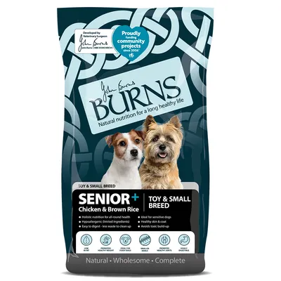 Burns Senior+ Chicken & Brown Rice for toy and small breed, holistic nutrition, hypoallergenic, easy to digest, low in fat, promotes healthy weight, skin, coat, joints, and digestion.