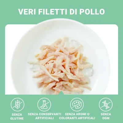 Veri filetti di pollo in ciotola. Senza glutine, senza conservanti artificiali, senza aromi o coloranti artificiali, senza OGM.
