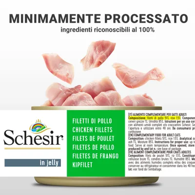 Schesir in jelly, filetti di pollo. Testo visibile: 'MINIMAMENTE PROCESSATO, ingredienti riconoscibili al 100%'. Composizione: filetti di pollo 51%, riso 1,5%.