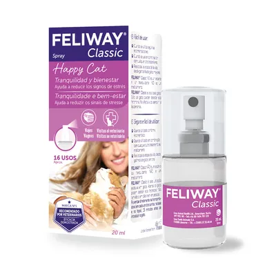 FELIWAY Classic Spray 20 ml, caja y frasco visibles. Texto: Happy Cat, Tranquilidad y bienestar, ayuda a reducir los signos de estrés, 16 usos aprox., recomendado por veterinarios.