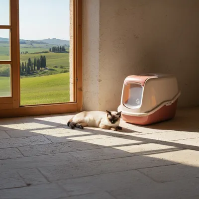 Gesloten kattenbak in beige en roze met transparant klepje, daarnaast een liggende kat op een stenen vloer voor een raam met uitzicht op het groen.