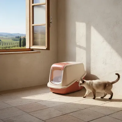 Kattenbak met kap en transparant klapdeurtje, daarnaast een kat in een zonnige kamer.
