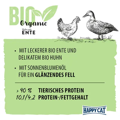 Texte en allemand : Bio Organic Huhn mit Ente, mit leckerer Bio Ente und delikatem Bio Huhn, mit Sonnenblumenöl für ein glänzendes Fell, >90 % tierisches Protein, 10,1/4,2 Protein-/Fettgehalt, Happy Cat.