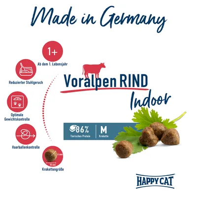 Happy Cat Voralpen Rind Indoor, ab dem 1. Lebensjahr, reduzierter Stuhlgeruch, optimale Gewichtskontrolle, Haarballenkontrolle, Krokettengrösse M, 86% tierisches Protein, Made in Germany.