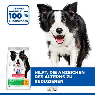 Hill's Science Plan Senior Vitality Hundefutter mit Huhn. Gesund und zu 100% ausgewogen. Hilft, die Anzeichen des Alterns zu reduzieren.
