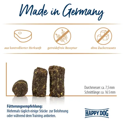Made in Germany. Aus kontrollierter Herkunft, getreidefreie Rezeptur, ohne Zuckerzusatz. Fütterungsempfehlung: Mehrmals täglich einige Stücke zur Belohnung oder während dem Training anbieten.