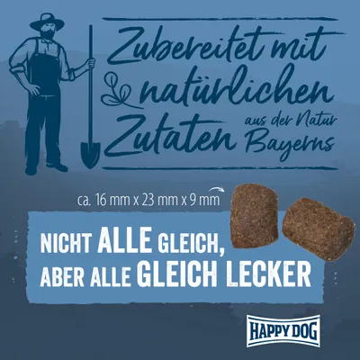 Zubereitet mit natürlichen Zutaten aus der Natur Bayerns. Grösse ca. 16 mm x 23 mm x 9 mm. Nicht alle gleich, aber alle gleich lecker. Happy Dog.