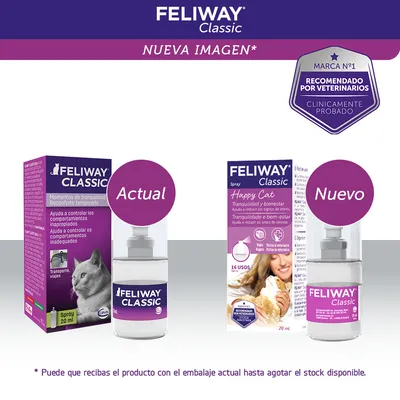 Comparación de envases actual y nuevo de Feliway Classic spray 20 ml. Ambos muestran el frasco y la caja con textos: 'Momentos de tranquilidad', 'Happy Cat', '16 usos', 'Recomendado por veterinarios'.