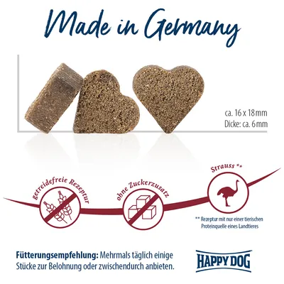Friandises en forme de cœur, dimensions 16 x 18 mm, épaisseur 6 mm. Made in Germany. Sans céréales, sans sucre ajouté. Source de protéines : autruche. Marque Happy Dog.