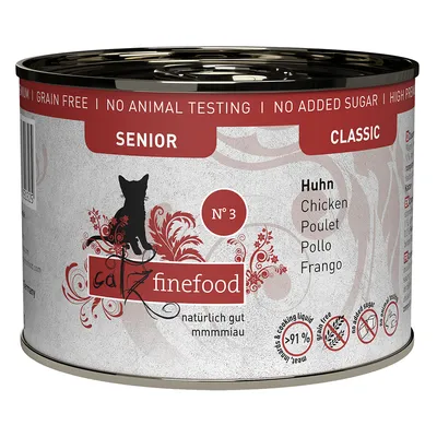 Catz finefood Classic Senior Nr. 3, kyckling, utan spannmål, inga djurförsök, inget tillsatt socker, hög kötthalt, 91% kött och kokvätska.