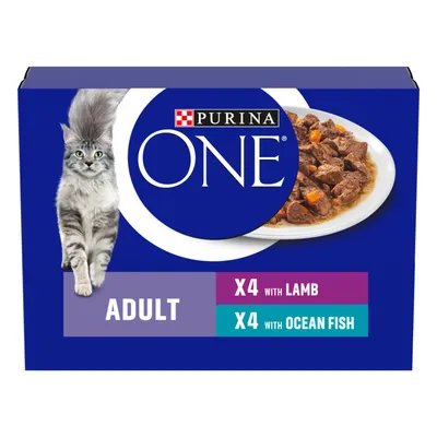 Purina One Adult pack with 4 portions lamb and 4 portions ocean fish, shown with a plate of food and an adult cat image.