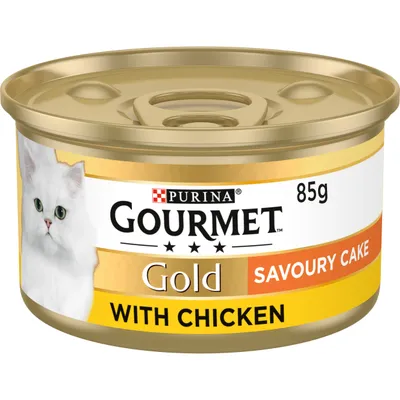 85g Gourmet Gold savoury cake with chicken, labelled as Purina, visible on the tin packaging.