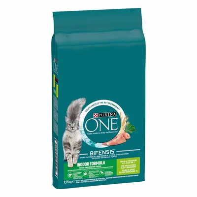 Sac de croquettes Purina ONE Bifensis Indoor Formula pour chat, 9,75 kg. Texte visible : 'Helps protect the gut microbiome', 'Strong immune system', image d’un chat et ingrédients visibles.