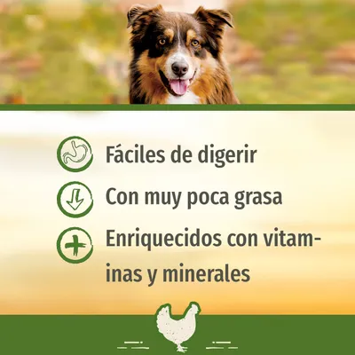 Fáciles de digerir, con muy poca grasa, enriquecidos con vitaminas y minerales. Texto acompañado de iconos y una imagen de perro en la parte superior.
