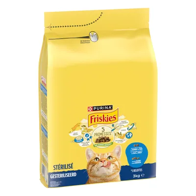 Confezione di crocchette per gatti sterilizzati Purina Friskies, 5 Promesses, peso 3 kg. Testo visibile: Stérilisé, senza coloranti artificiali, immagine di un gatto arancione.