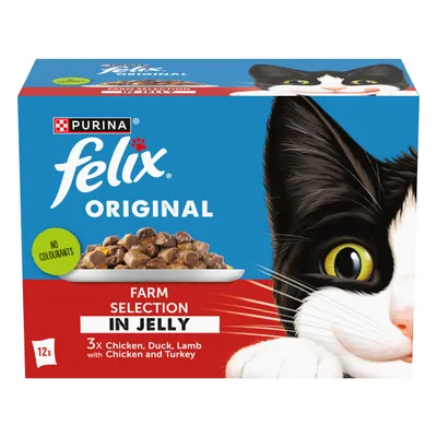 Felix Original Farm Selection in Jelly, 12 packs. Contains chicken, duck, lamb, turkey. No colourants. Product image shows food pieces on a plate.