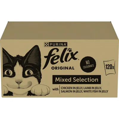 Felix Original Mixed Selection, 120 packs. Includes chicken in jelly, lamb in jelly, salmon in jelly, white fish in jelly. No colourants.