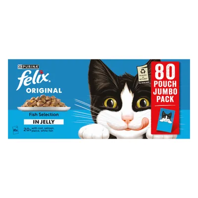 Felix Original Pouches Jumbo Pack 80 x 85g - Fish Selection in Jelly Felix Original Pouches Jumbo Pack 80 x 85g - Fish Selection in Jelly