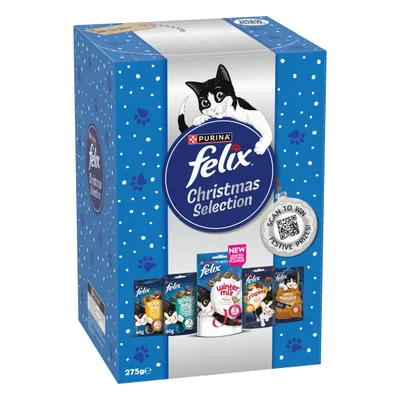 Felix Christmas Selection box, 275g, showing four treat varieties and a QR code with text 'Scan to win festive prizes'. New limited flavour included.