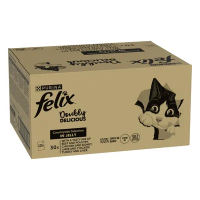Box labelled Felix Doubly Delicious Countryside Selection in Jelly, 30 packs with beef and poultry, chicken and kidney, lamb and chicken, turkey and liver. 100% complete and balanced.
