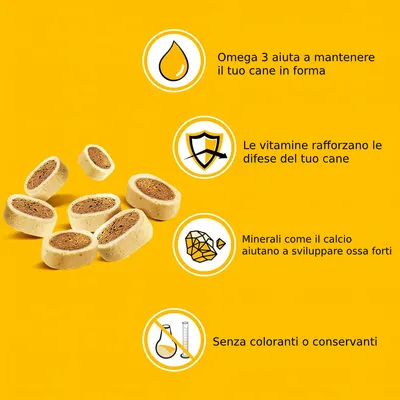 Omega 3 aiuta a mantenere il tuo cane in forma, le vitamine rafforzano le difese, minerali come il calcio aiutano ossa forti, senza coloranti o conservanti. Snack per cani visibili.
