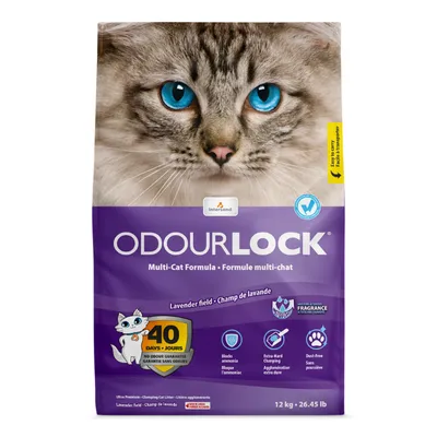 Arena para gatos Intersand OdourLock Multi-Cat Formula, campo de lavanda, 12 kg. Garantía sin olores 40 días, bloquea amoníaco, aglomeración extra dura, sin polvo.