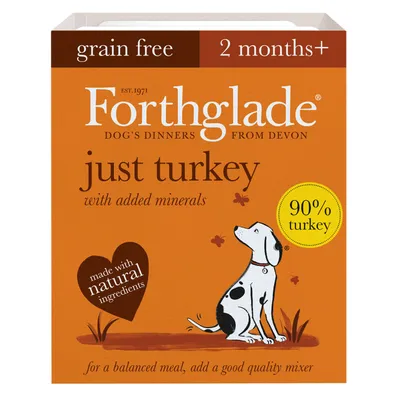 Grain free, 2 months plus, just turkey with added minerals, made with natural ingredients, 90% turkey. For a balanced meal, add a good quality mixer.