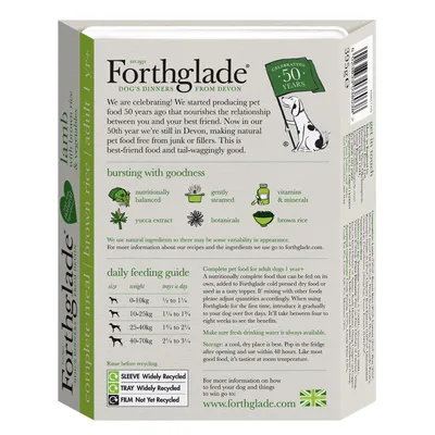 Forthglade product packaging showing feeding guide by weight, key features including nutritionally balanced, gently steamed, vitamins and minerals, yucca extract, botanicals, and brown rice.
