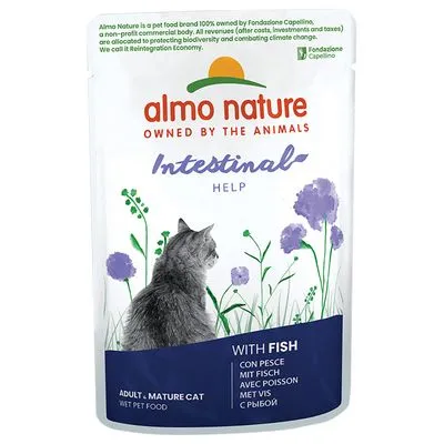 almo nature Intestinal Help natvoer voor volwassen katten, met vis. Tekst: ADULT • MATURE CAT, WET PET FOOD, WITH FISH, MET VIS. Afbeelding van een kat en paarse bloemen.