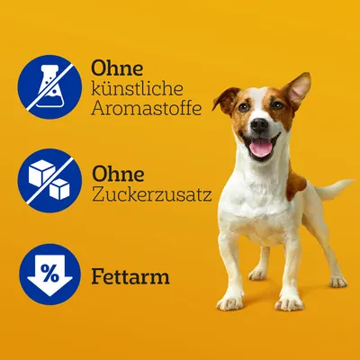 Ohne künstliche Aromastoffe, Ohne Zuckerzusatz, Fettarm. Tekst na njemačkom jeziku uz sliku psa na žutoj pozadini.