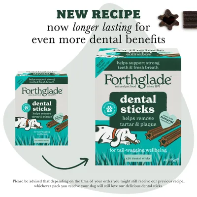 New recipe dental sticks, now longer lasting for more dental benefits. Helps support strong teeth and fresh breath, removes tartar and plaque. Pack may vary during transition.