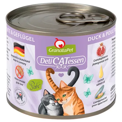 GranataPet DeliCATessen, παρασκευάζεται στη Γερμανία, χωρίς δημητριακά, χωρίς δοκιμές σε ζώα, σπόροι ροδιού, λάδι σολομού, πράσινο μύδι, πατέ. Σχέδιο γάτας στη συσκευασία.