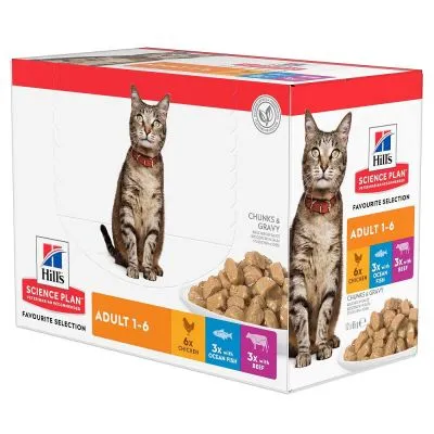 Hill's Science Plan ADULT 1–6 Favourite Selection pre mačky, kúsky v omáčke: 6x kuracie, 3x ryba, 3x hovädzie. Viditeľný obrázok mačky a porcia krmiva.