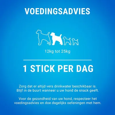 Voedingsadvies voor honden van 12 kg tot 25 kg: 1 stick per dag. Altijd vers drinkwater beschikbaar houden en toezicht houden tijdens het geven van de snack.