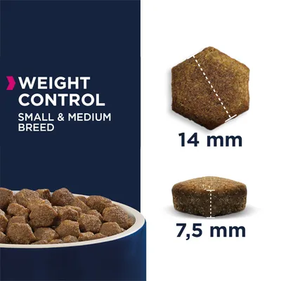 Croquettes avec texte en anglais : Weight Control Small & Medium Breed. Dimensions visibles : 14 mm de large, 7,5 mm d’épaisseur. Vue du produit dans un bol et en gros plan.