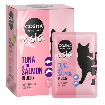 Cosma Asia Pure Love. Tonfisk med lax i gelé, Multi Protein Pure Fish, förpackning med 6 x 100 g påsar.