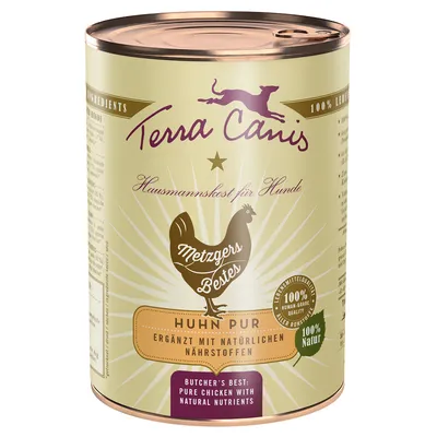 Terra Canis Hausmannskost koirille, Metzgers Bestes Huhn Pur, täydennetty luonnollisilla ravintoaineilla, 100 % elintarvikelaatua, 100 % luonnollinen.