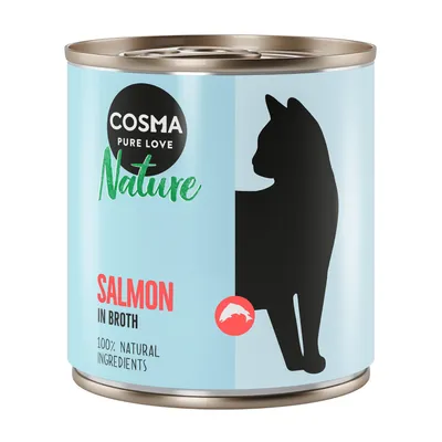 Cosma Nature kattenvoer, smaak zalm in bouillon, 100% natuurlijke ingrediënten. Zwarte kattensilhouet op lichtblauw blik.