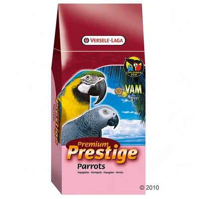 Versele-Laga Premium Prestige Parrots, Loro Parque Mix, V.A.M. visible on packaging with images of a yellow-blue and a grey parrot