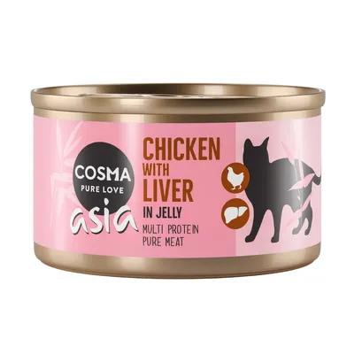 Boîte Cosma Pure Love Asia, texte visible : Chicken with liver in jelly, multi protein pure meat, illustrations poulet et foie, silhouette de chat sur fond rose.