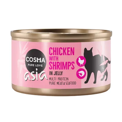Boîte Cosma Pure Love Asia, Chicken with Shrimps in Jelly, multi protein, pure meat & seafood. Illustration de chat, poulet et crevette visibles sur l’étiquette.